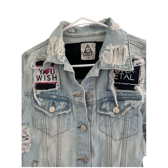 UNIF Light Wash Denim Jacket Size M You Wish For Never Retro Punk Princess - Picture 2 of 10